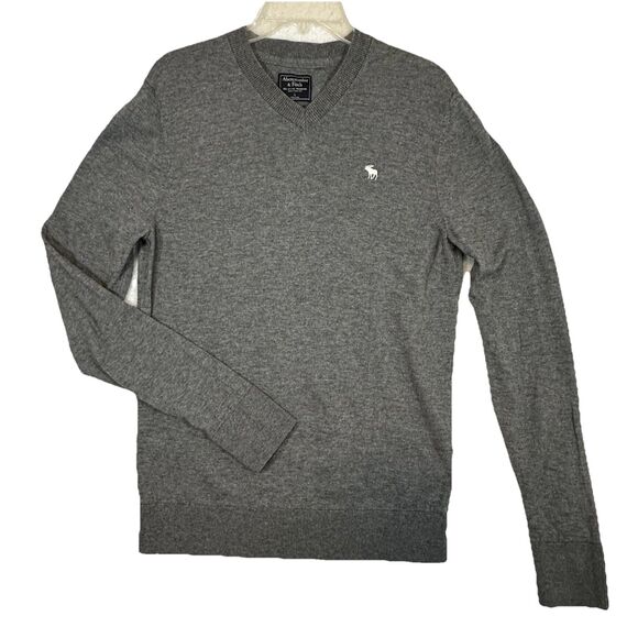Abercrombie & Fitch Men Sweater Gray V Neck Wool Cotton Blend L Old Money Casual - Picture 1 of 10